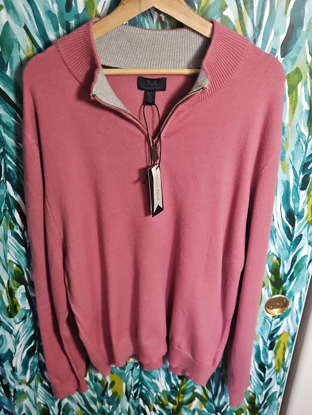 Magaschoni Men's Half-Zip Sweater in Dusty Rose with Grey Trim - Size XXL - NWT